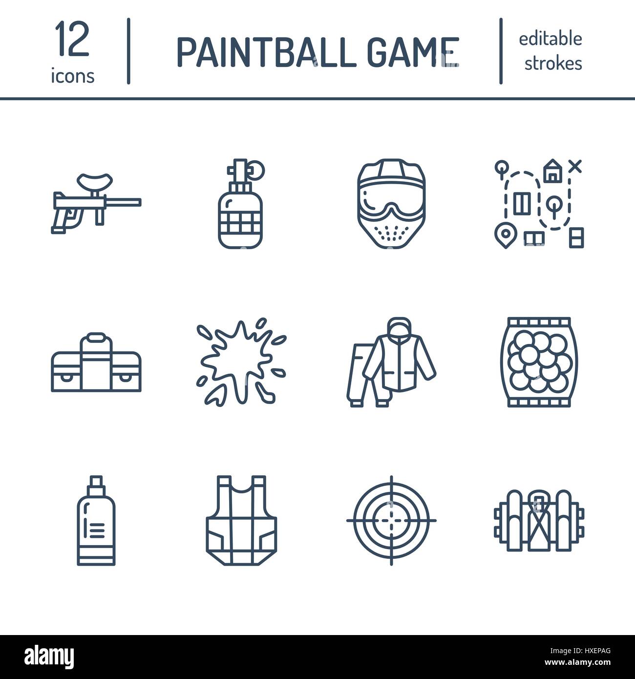 Paintball Spiel Linie Symbole. Outdoor-Sportgeräte, Paint-Ball-Marker, Uniform, Maske, Brustschutz. Extreme Freizeit dünne lineare Zeichen Stock Vektor