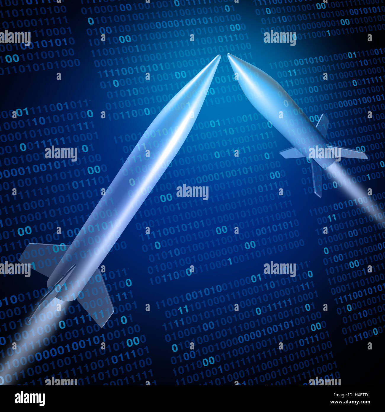 Cyber-Krieg oder Cyber-Kriegsführung militärische Verteidigung Technologiekonzept als Raketen angreifen mit Binär-Code. Stockfoto