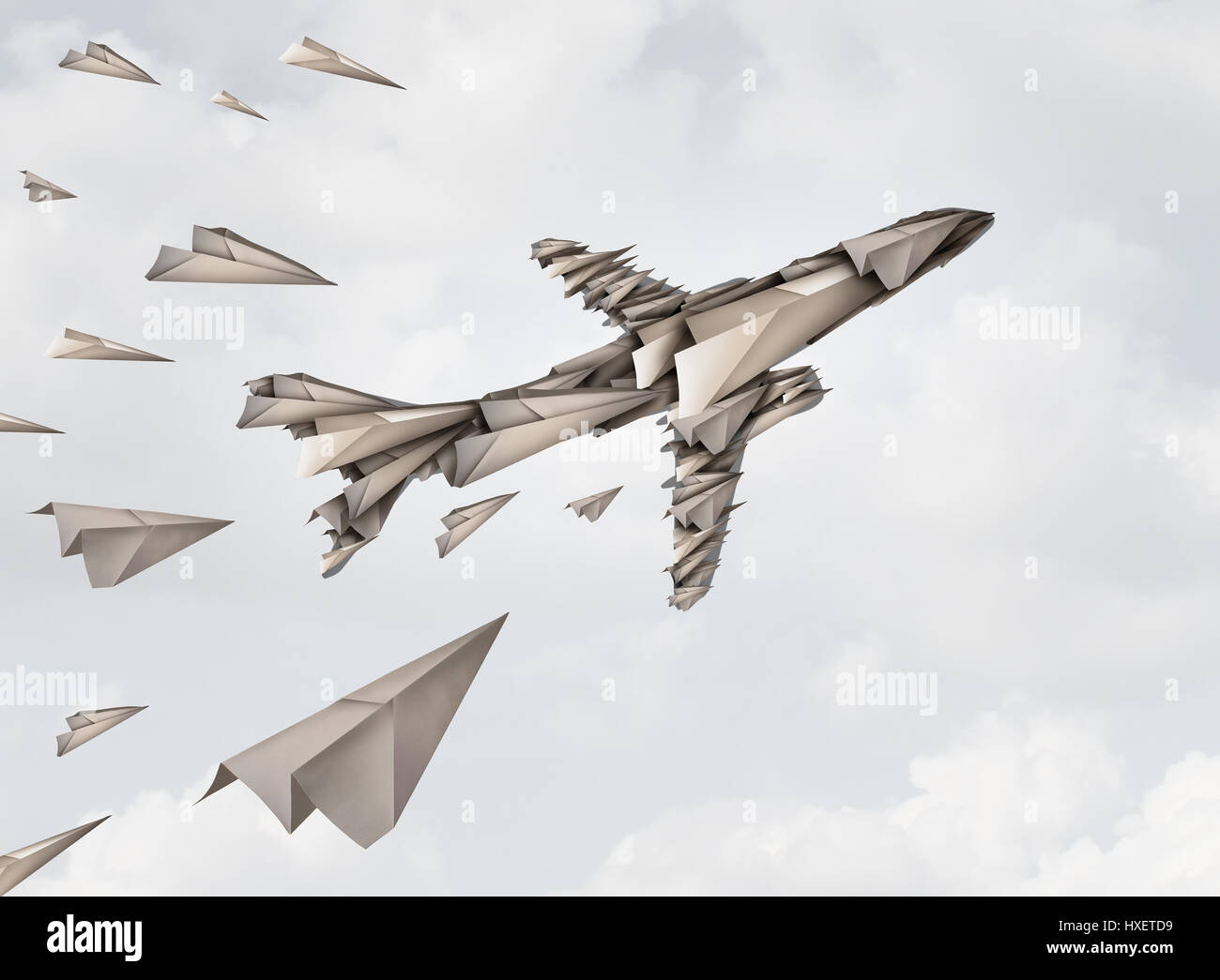 Teamarbeit Einheit Konzept und gemeinsame Anstrengung Symbol als eine Gruppe von Papierflieger zusammenfügen zu bilden eine Jet-Flugzeug-Form als ein Team. Stockfoto
