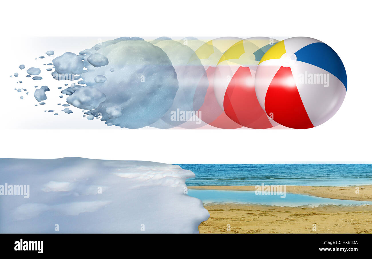Kalt zu heißem Wetter Konzept als einen eiskalten Winter Schneeball Umwandlung in ein Sommer-Beach-Ball als Jahreszeit ändern oder Temperatur. Stockfoto