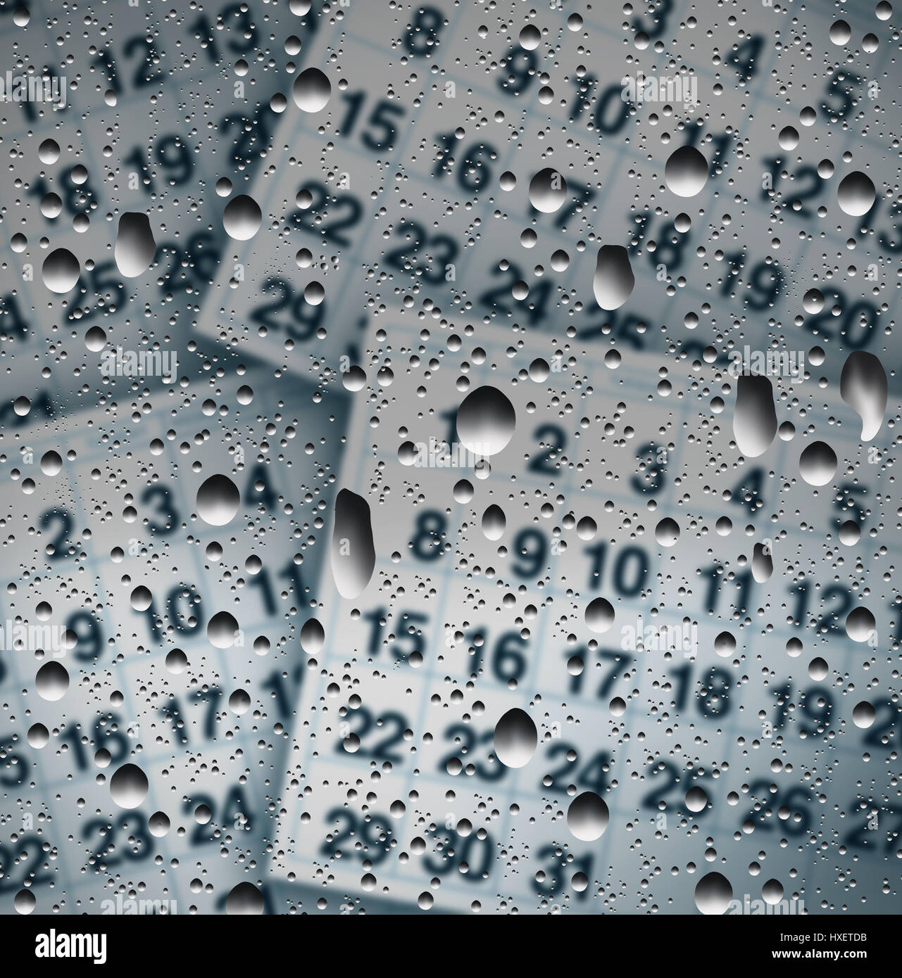 Regentag-Zeitplan-Konzept als nasse Fenster mit Regenwasser fällt auf Glas mit Kalenderblätter als Wettervorhersage oder Terminverschiebung. Stockfoto
