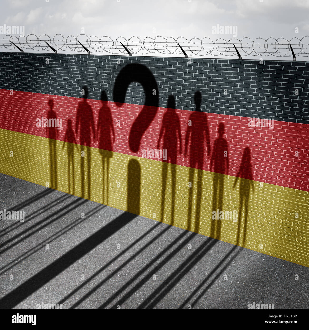 Deutschen Frage und Einwanderung Regierung Flüchtlingspolitik als Newcomer in Deutschland als der Schlagschatten an der Wand mit der Flagge, die deutschen. Stockfoto