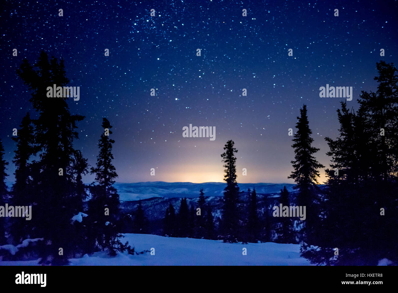 Mondaufgang aus dem Berg in einer bitteren kalten Nacht außerhalb Fairbanks, Alaska Stockfoto