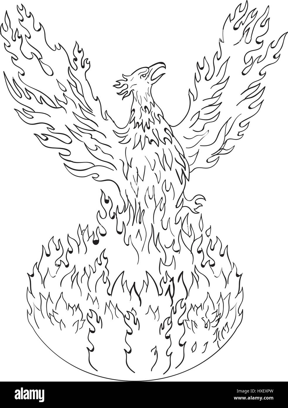 Zeichnung Skizze Stil Abbildung eines Phönix erhebt sich aus feurigen Flammen, stellen Flügel angehoben für Flug getan in schwarz und weiß auf isolierte weiße Rückseite Stock Vektor
