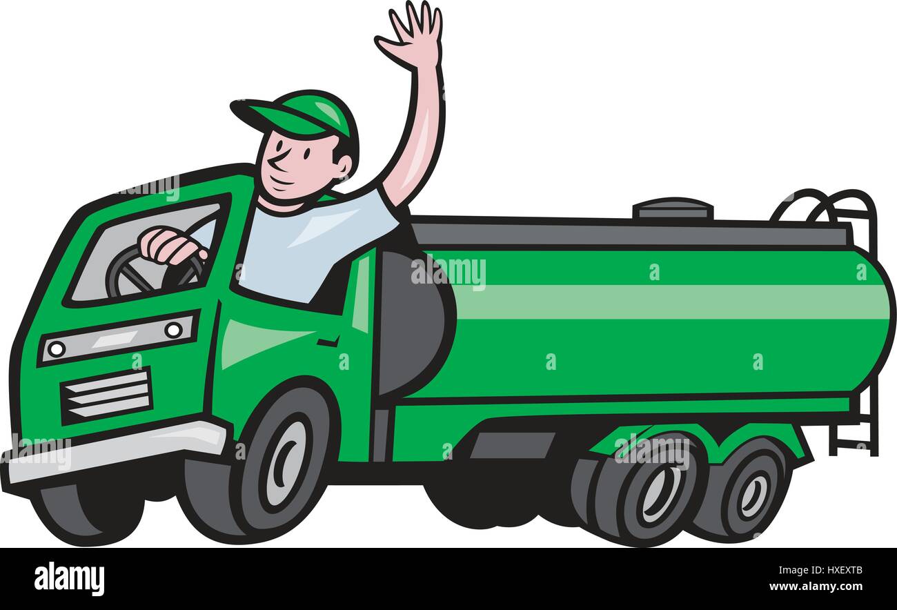Abbildung 6 6 Wheeler Tanker LKW Benzin Tankwagen mit Fahrer winken Hallo auf isolierten weißen Hintergrund im Cartoon-Stil gemacht. Stock Vektor