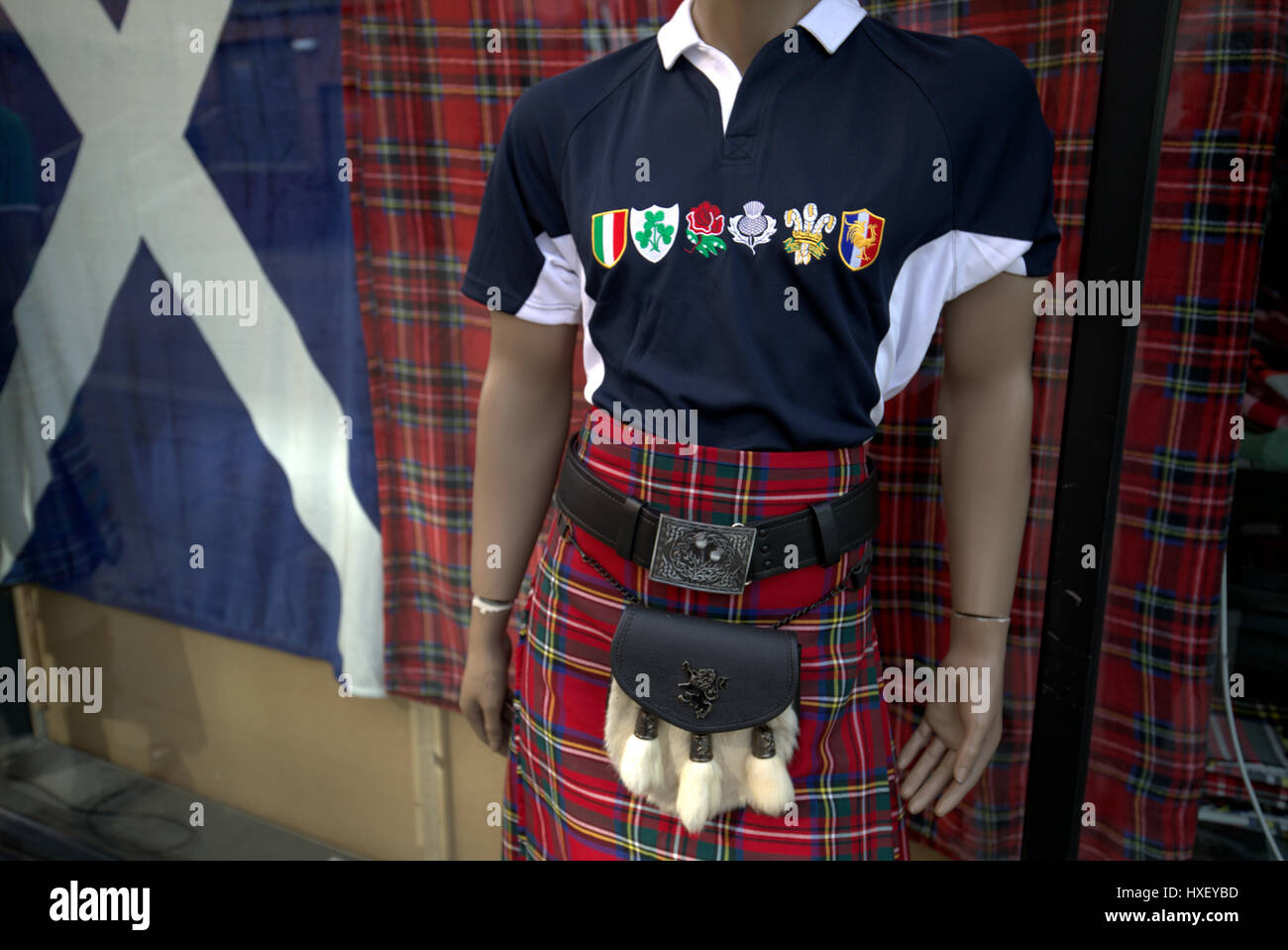 Schottland Fahne Rugbyshirt Kilt Sporran Kitsch 6 Nationen shirt Stockfoto