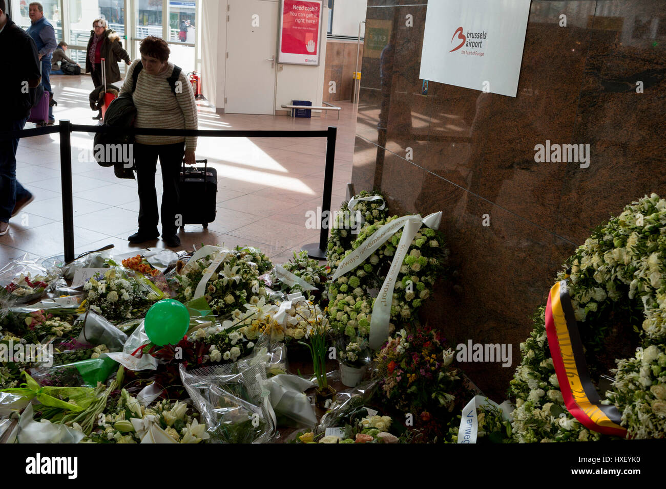 Blüten bilden das Denkmal für die Fahrgäste und Reisende, getötet in Flughafen Brüssel-Zaventem, ein Jahr später, am 26. März 2017, am Flughafen Brüssel-Zaventem, Belgien. Am Morgen des 22. März 2016, traten drei koordinierte Selbstmordattentate in Belgien: zwei am Brüsseler Flughafen Zaventem und in Maalbeek Metro-Station im Zentrum von Brüssel. Zweiunddreißig Zivilisten und drei Täter wurden getötet und mehr als 300 Personen wurden verletzt. Stockfoto