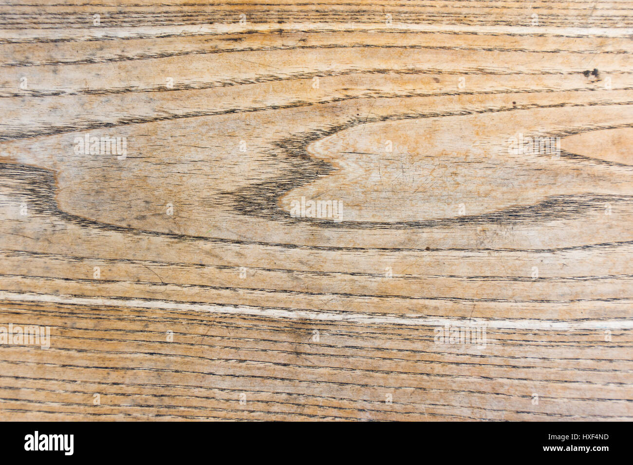 Hölzerne Oberfläche der alten Brett aus Eschenholz gefertigt. Muster von Jahresringen, Ring-porösen Holz gebildet. Radialen Querschnitt Struktur. Sichtbare Gebrauchsspuren. Stockfoto