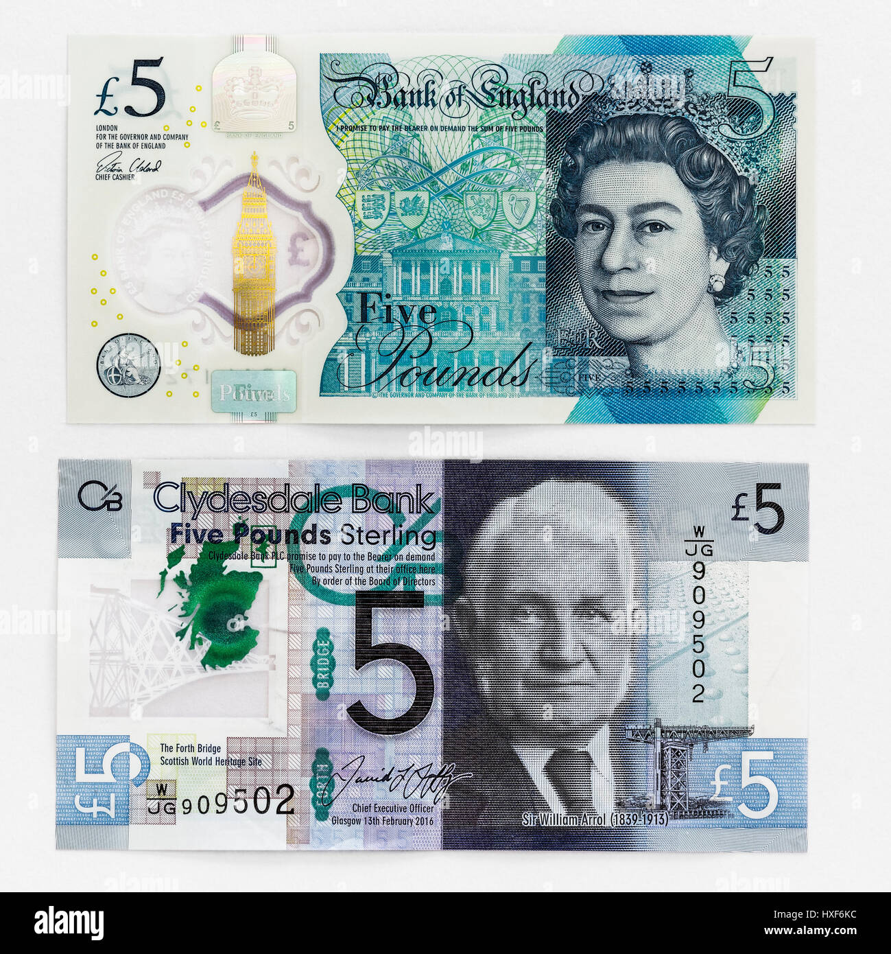 Englische und schottische fünf Pfund Anmerkung Währung eingeführt im Jahr 2016 Stockfoto