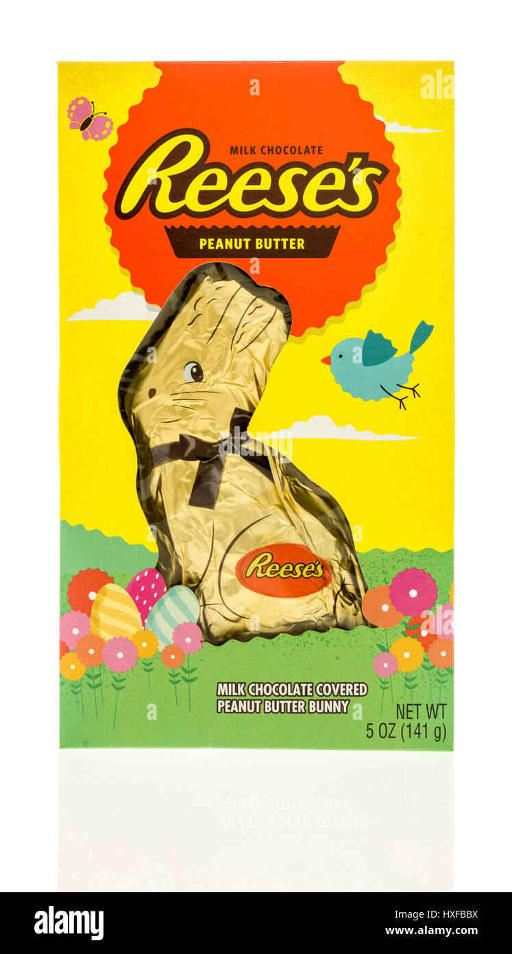 Winneconne, Wisconsin - 26. März 2017: Paket von Schokolade Erdnussbutter Bunny von Reeses auf einem isolierten Hintergrund gemacht. Stockfoto