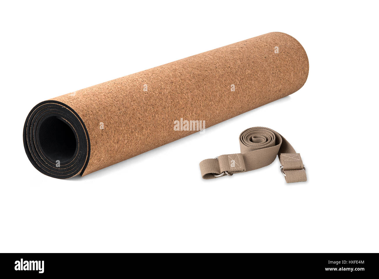 Cork Yoga Matte Premium Eco-Friendly mit Gurt, Produkt auf weißem Hintergrund Stockfoto