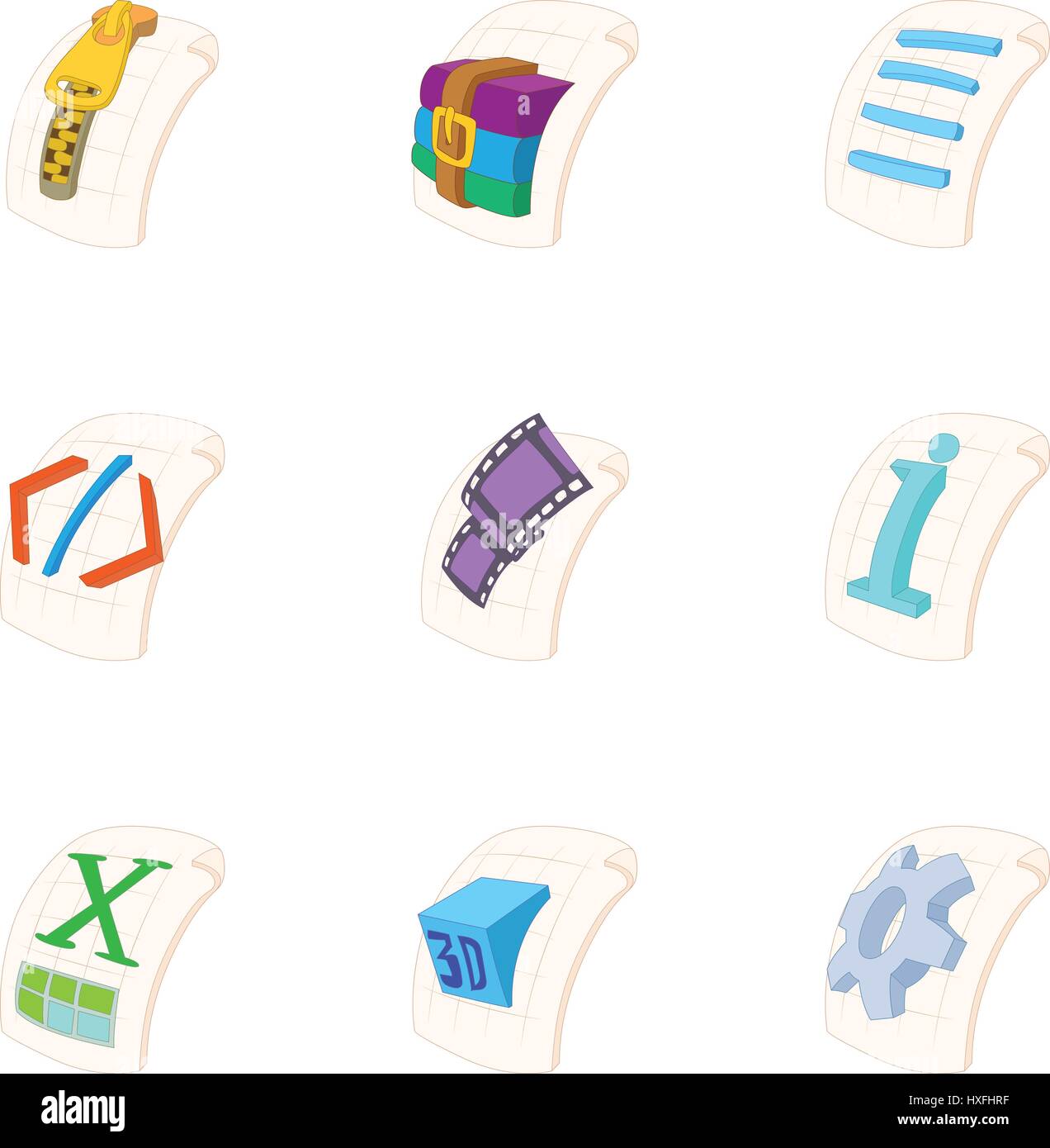 Art von Dateien Icons Set, Cartoon-Stil Stock Vektor