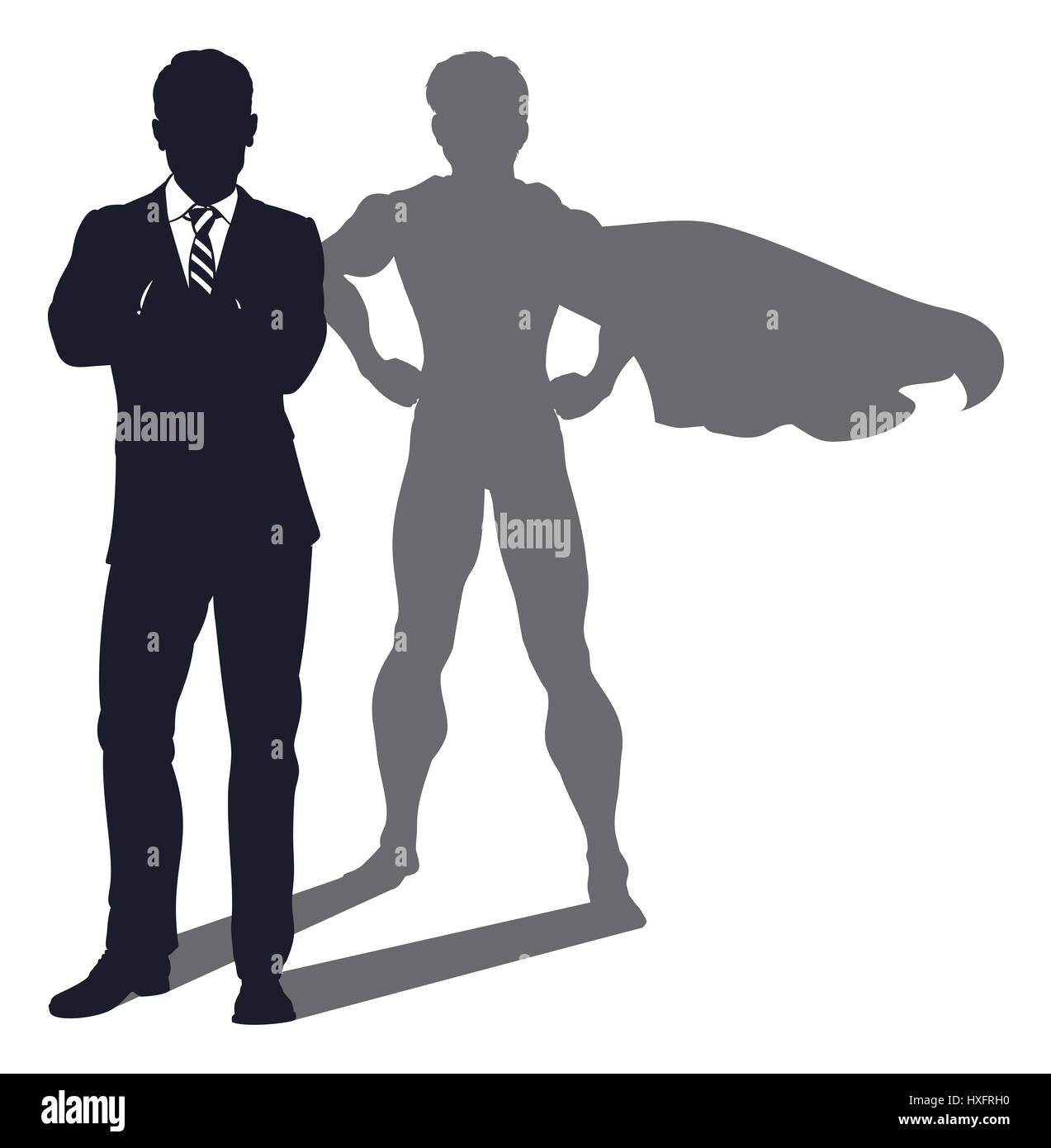 Konzept-Darstellung eines Geschäftsmannes offenbart sich als ein super Held mit seinem Schatten Stockfoto
