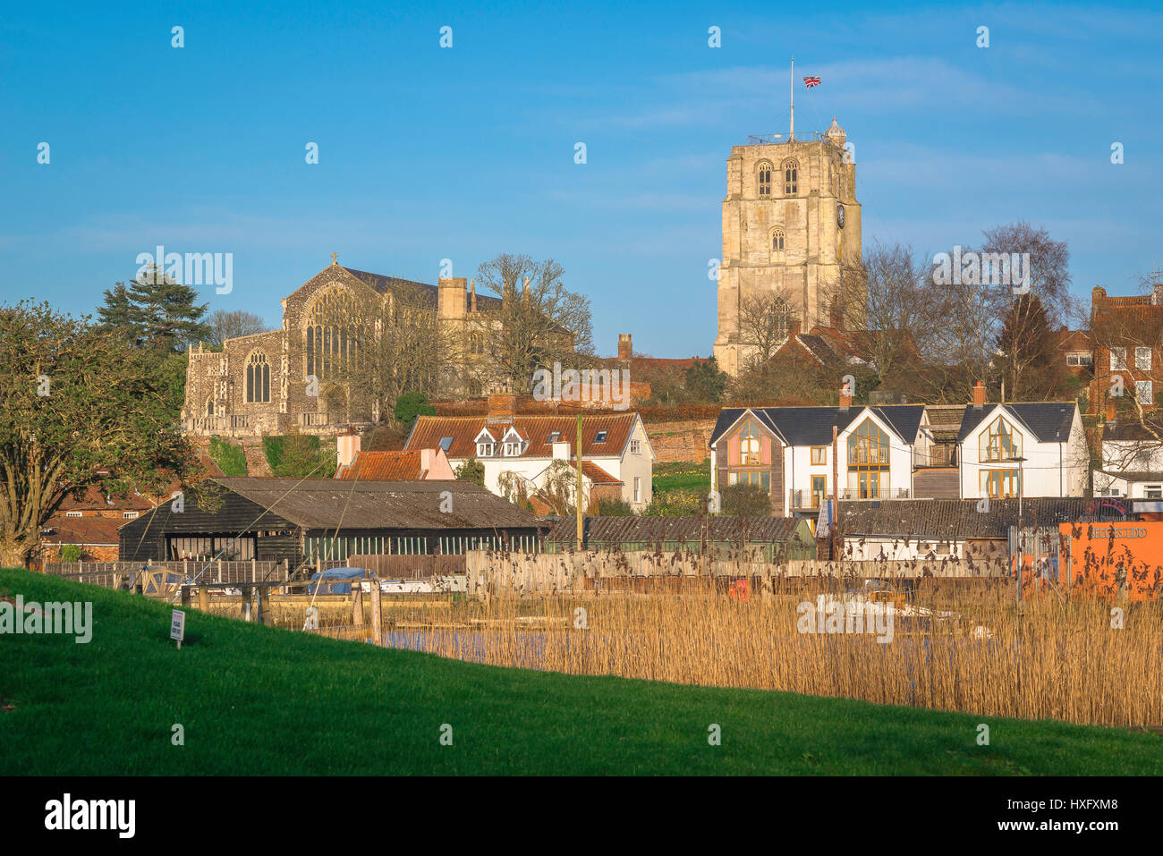 Skyline von Beccles, Suffolk, erhebt sich der Suffolk Stadt Beccles Fluß Waveney an der Norfolk-Suffolk-Grenze in East Anglia, Großbritannien Stockfoto