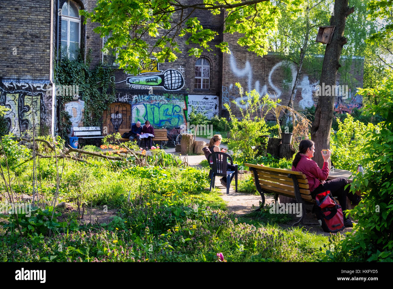 Berlin, Kreuzberg. Die Tonne Steine Garten, kommunale Gemeinschaft urbaner Gartenbau neben Georg von Rauch House.People in Sonne entspannen Stockfoto