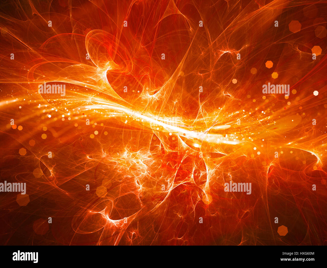 Feurig leuchtenden hochenergetische Plasma Feld in Raum mit Partikeln, Computer generierte abstrakten Hintergrund Stockfoto
