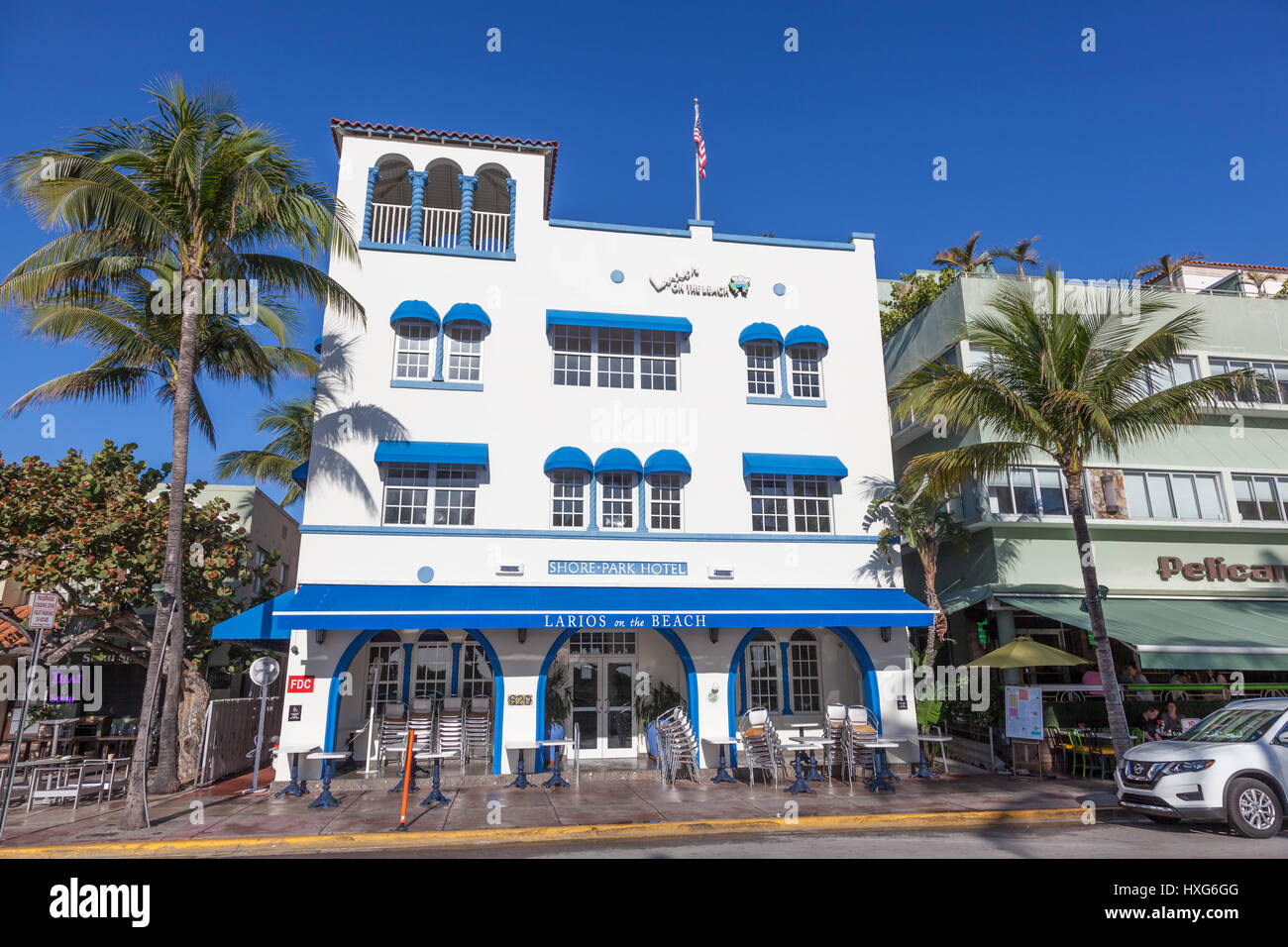 MIAMI, USA - 10. März 2017: Art-Deco-Hotel Leslie in der berühmten Ocean Drive in Miami Beach. Florida, United States Stockfoto