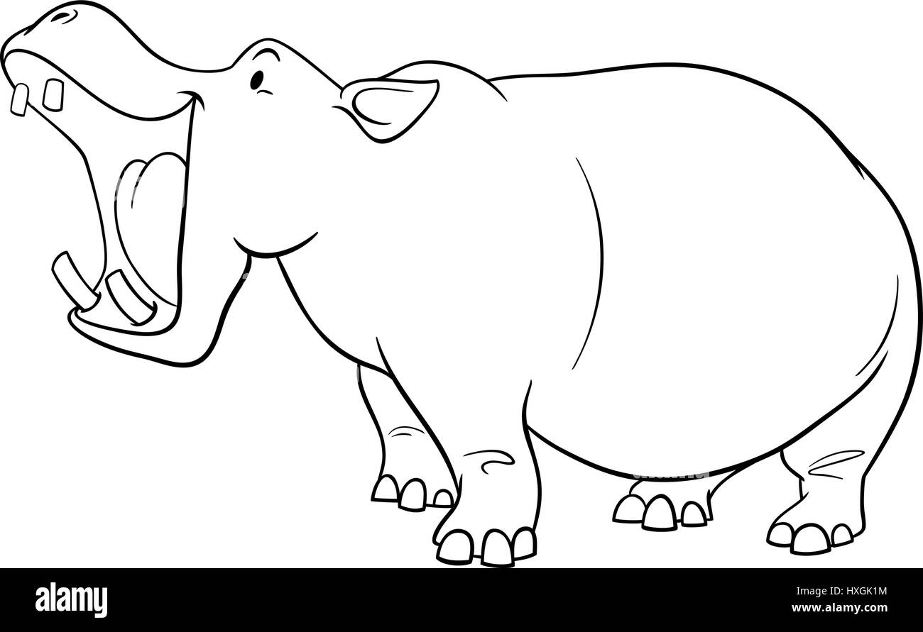 Schwarz / Weiß Cartoon Illustration von Nilpferd wilde Tier Charakter Coloring Seite Stock Vektor