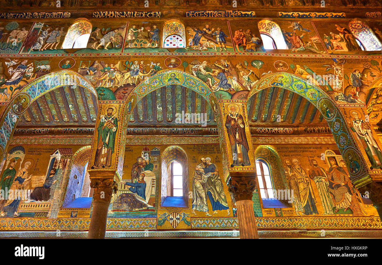 Mittelalterlichen byzantinischen Stil Mosaiken aus dem Seitenschiff Bögen, Pfalzkapelle, Cappella Palatina, Palermo, Italien Stockfoto