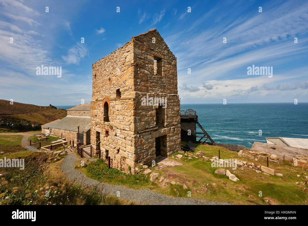 Maschinenhäuser von Levant Tin Mine, Cornwall Stockfoto