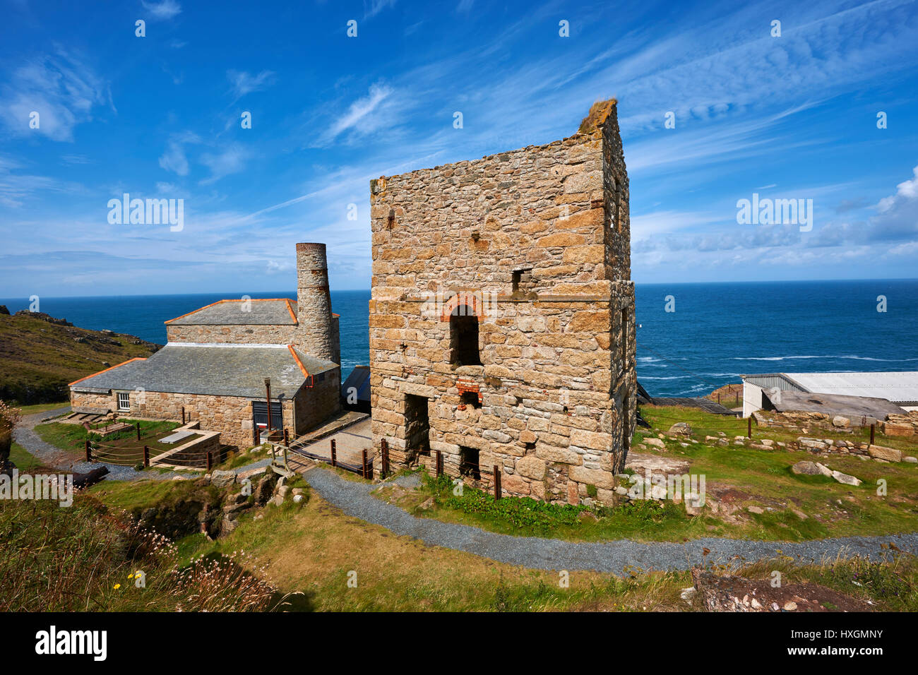 Maschinenhäuser von Levant Tin Mine, Cornwall Stockfoto