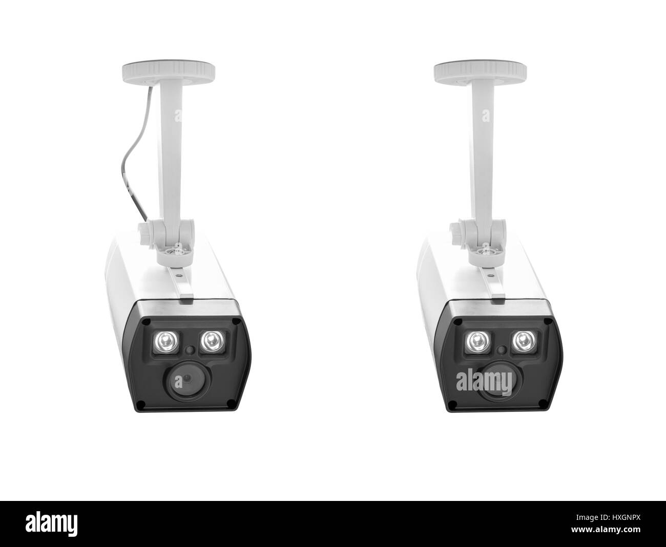 Überwachungskamera, die isoliert auf weißem Hintergrund mit Beschneidungspfad Stockfoto