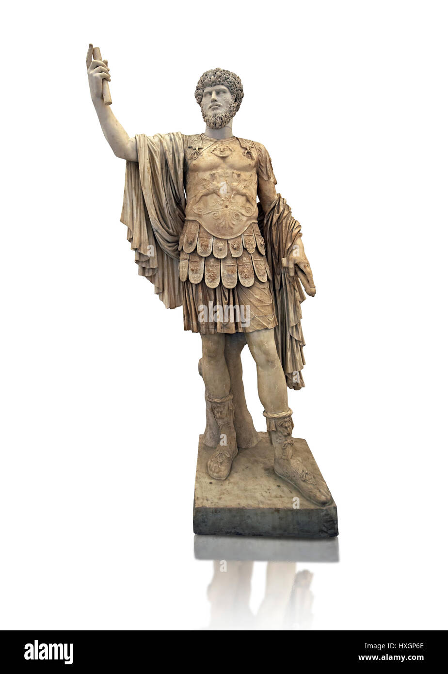Römischen Marmorskulptur mit einem unabhängigen Kopf des Lucius Verus, Körper 50-75 n. Chr. Kopf 160-169 AD, Inv 6081, Archäologisches Museum, Italien, weißer Hintergrund Stockfoto