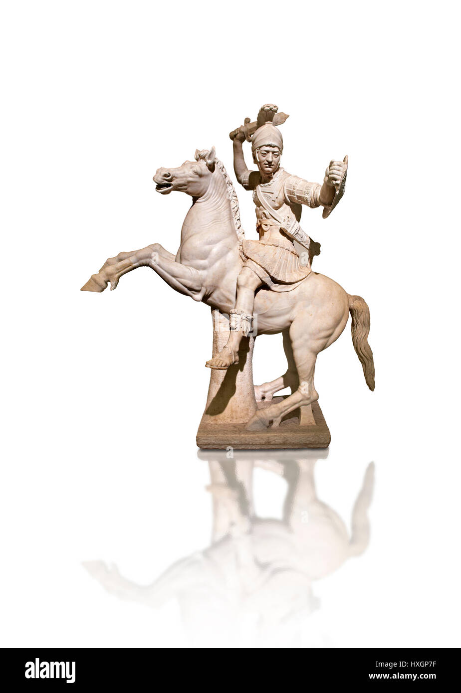 Römischen Marmorskulptur eines Kriegers auf dem Pferderücken, ein 2. Jahrhundert n. Chr., Inv 6405, National Museum of Archaeology, Neapel, weißer Hintergrund Stockfoto