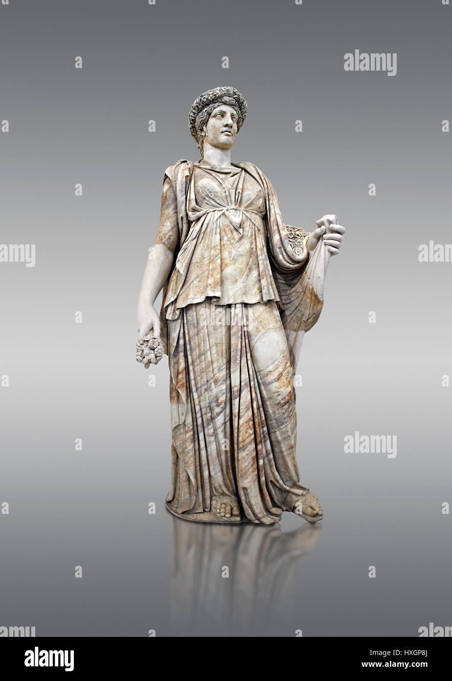 Römischen Marmorskulptur, bekannt als die "Flora Maggiore", ein 2. Jahrhundert n. Chr., Inv keine 5978, National Museum of Archaeology, Neapel, grauem Hintergrund, Stockfoto