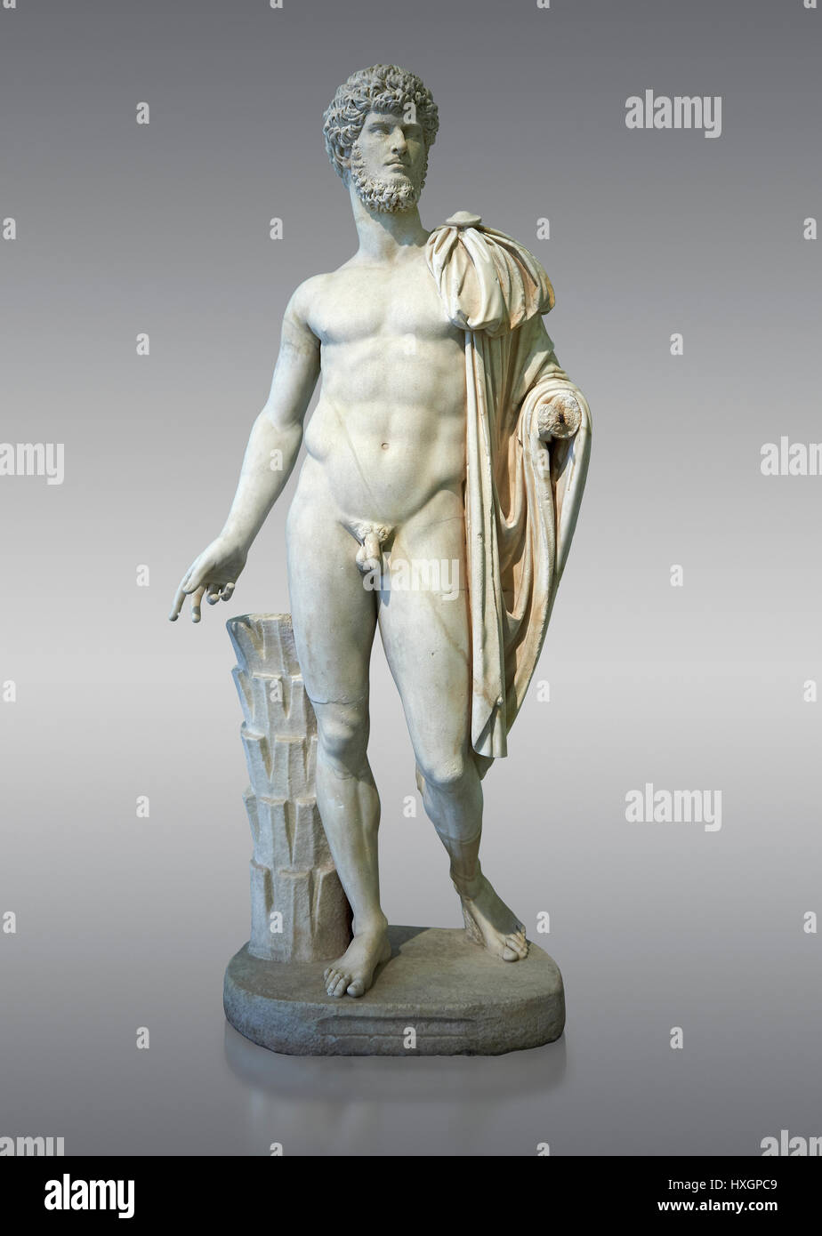 Römische Staue des Lucius Verus mit dem idealisierten Körper von Diomedes, AD 160-170, Inv 6095, Archäologisches Nationalmuseum Neapel grauer Hintergrund Stockfoto
