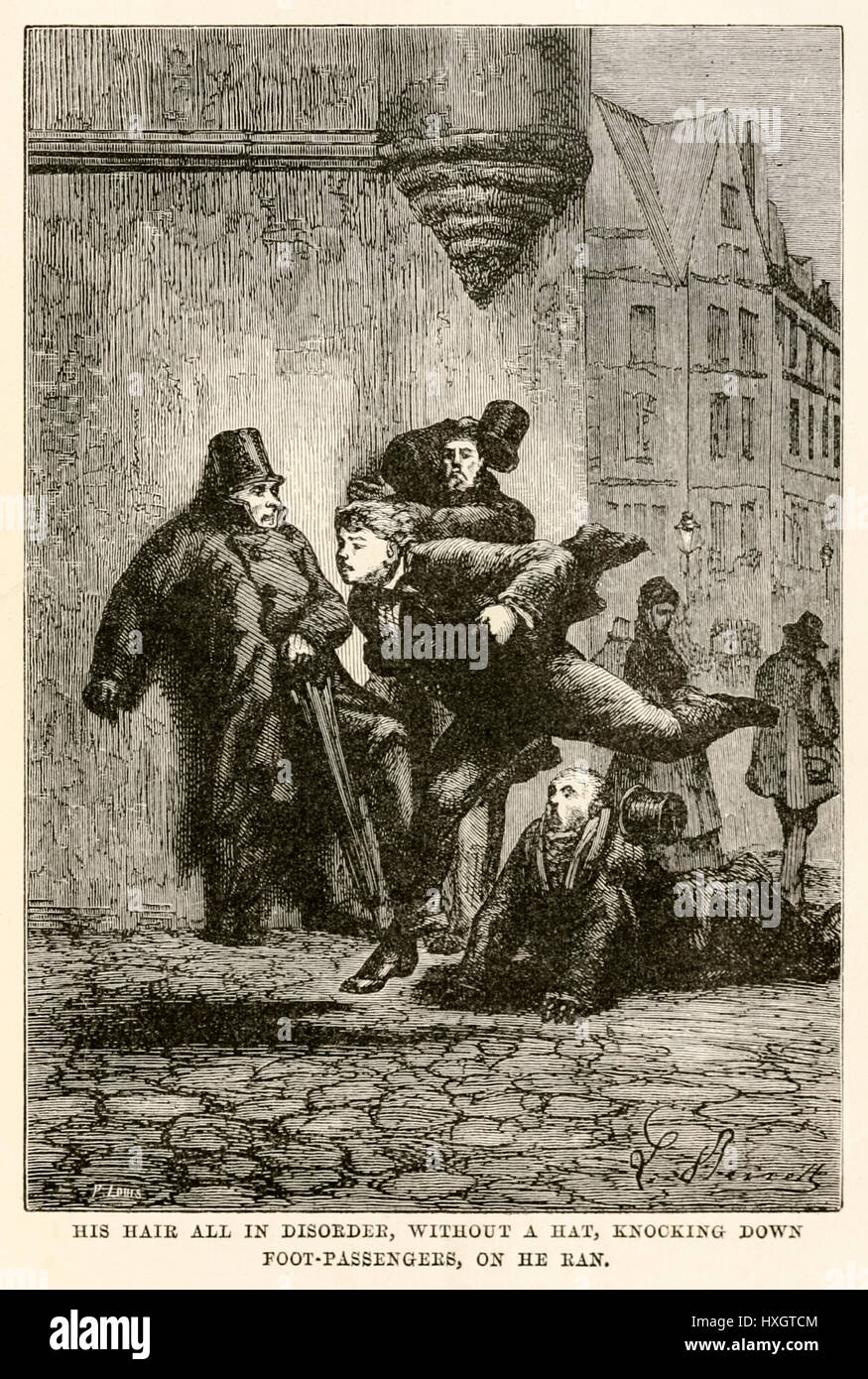 "Seine Haare alles in Unordnung, ohne Hut, zerschlugen die Fußgänger auf er ran." von "Around the World in Eighty Days" von Jules Verne (1828-1905) veröffentlicht in 1873 Abbildung von Léon Benett (1839-1917) und Kupferstich von Louis. Stockfoto