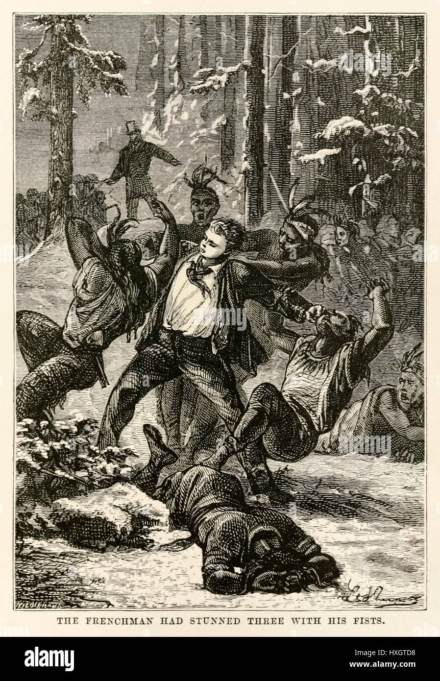 "Der Franzose hat drei mit seinen Fäusten. aus"Around the World in Eighty Days"von Jules Verne (1828-1905) betäubt" veröffentlicht in 1873 Illustration von Léon Benett (1839-1917) und Stich von Henri-Théophile Hildebrand (1824-1897). Stockfoto