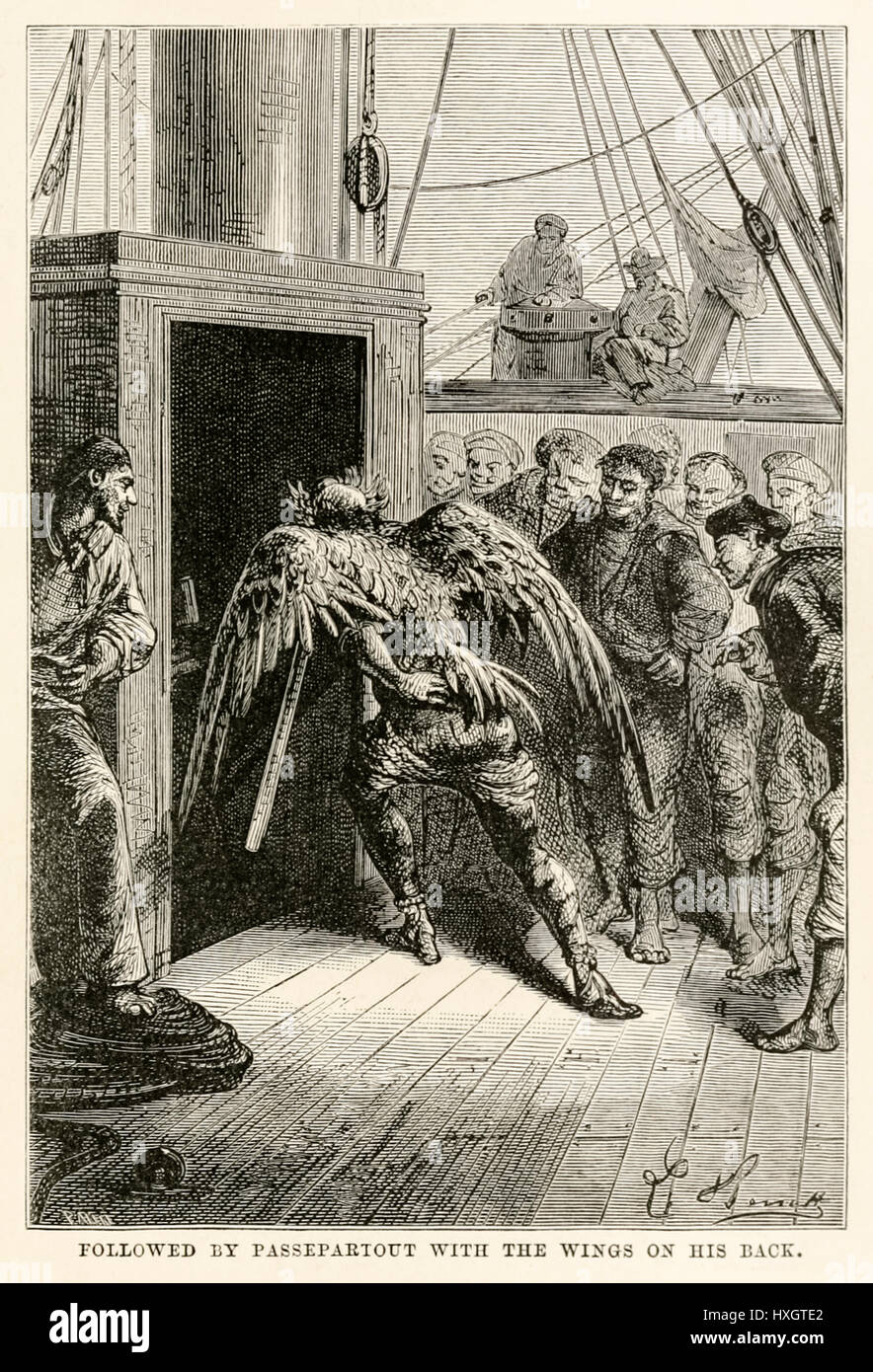 "Gefolgt von Passepartout mit den Flügeln auf dem Rücken" von "Around the World in Eighty Days" von Jules Verne (1828-1905), veröffentlicht im Jahre 1873 mit Illustrationen von Alphonse-Marie-Adolphe de Neuville (1835 – 1885) und Léon Benett (1839-1917) und Gravuren von Louis Dumont (geb. 1822) und Adolphe François Pannemaker (1822-1900). Stockfoto