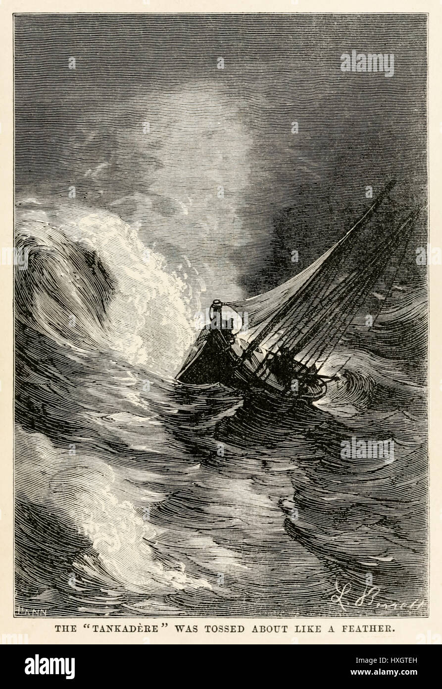 "Die"Tankadere"wurde über wie eine Feder. aus"Around the World in Eighty Days"von Jules Verne (1828-1905) geworfen" veröffentlicht in 1873 Illustration von Léon Benett (1839-1917) und Gravur von Adolphe François Pannemaker (1822-1900). Stockfoto