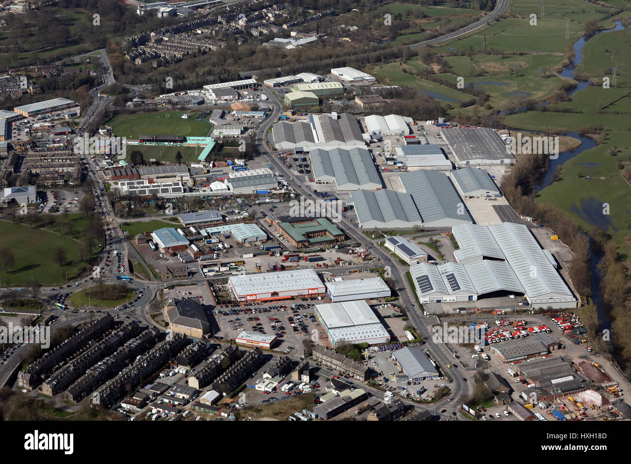 Luftaufnahme des Royd Ings Avenue Industrial Estate, Keighley, Yorkshire, Großbritannien Stockfoto