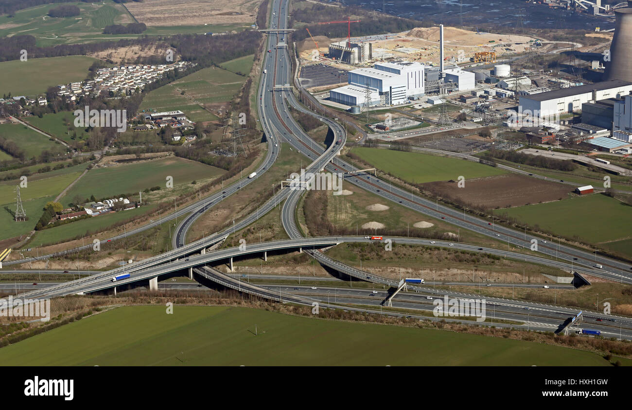 Luftbild von der A1 M62-Kreuzung bei Ferrybridge, Yorkshire, Großbritannien Stockfoto