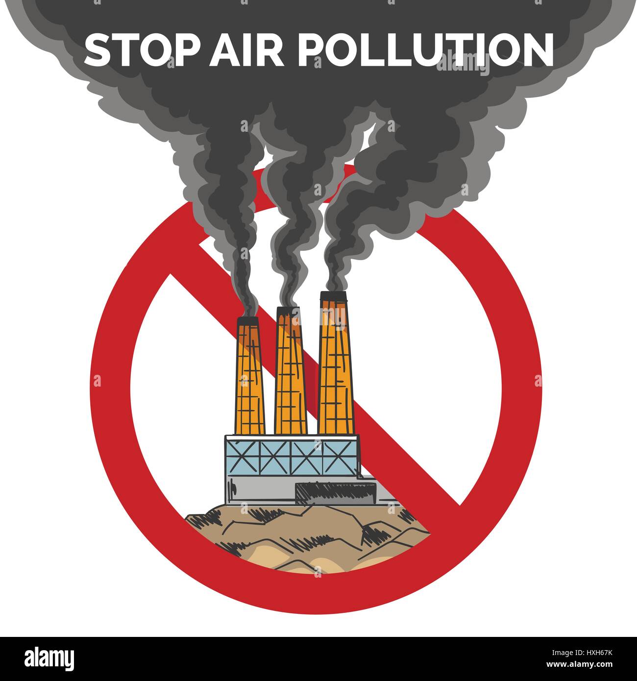Stoppen Sie die Luftverschmutzung Emblem. Black Smoke aus einer Fabrik Rohre gegen Stop-Schild. Giftmüll oder Umweltschutz-Design-Konzept. Stock Vektor
