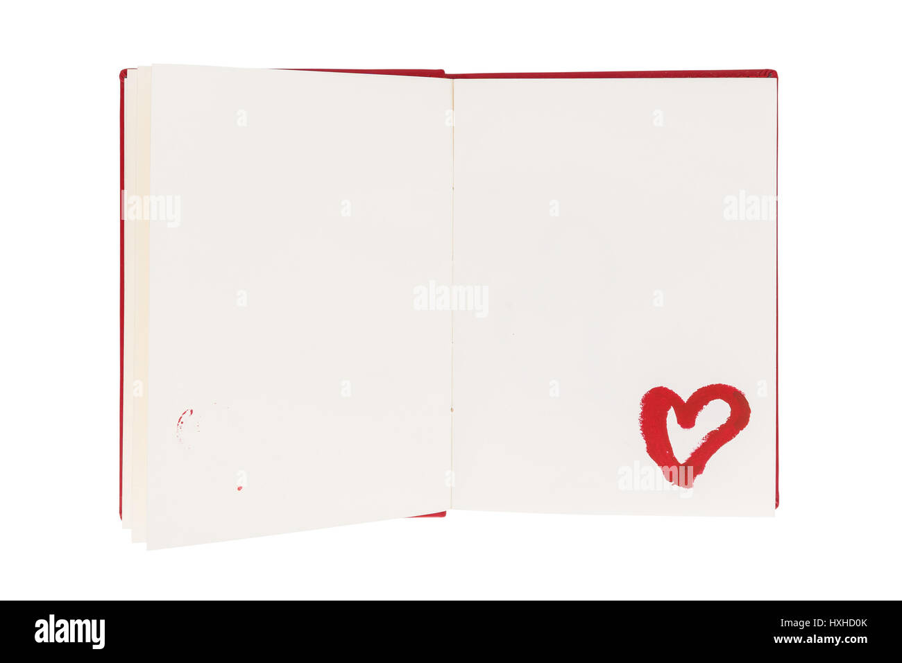 Offenes Buch mit Herzen malen isolierten auf weißen Hintergrund Stockfoto