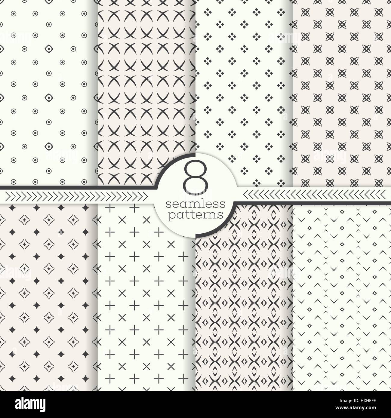 Nahtlose Muster. Satz von acht geometrisch abstrakt. Moderne stilvolle Texturen. Regelmäßig wiederholte elegante Ornamente mit verschiedenen Formen. V Stock Vektor