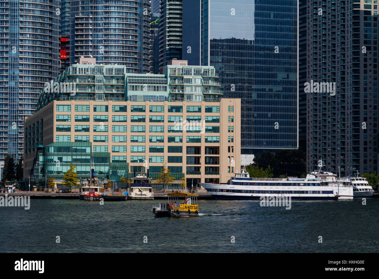 Ein Wassertaxi am Ufer des Lake Ontario mit den Gebäuden von Toronto in den Hintergrund, Ontario, Kanada. Stockfoto