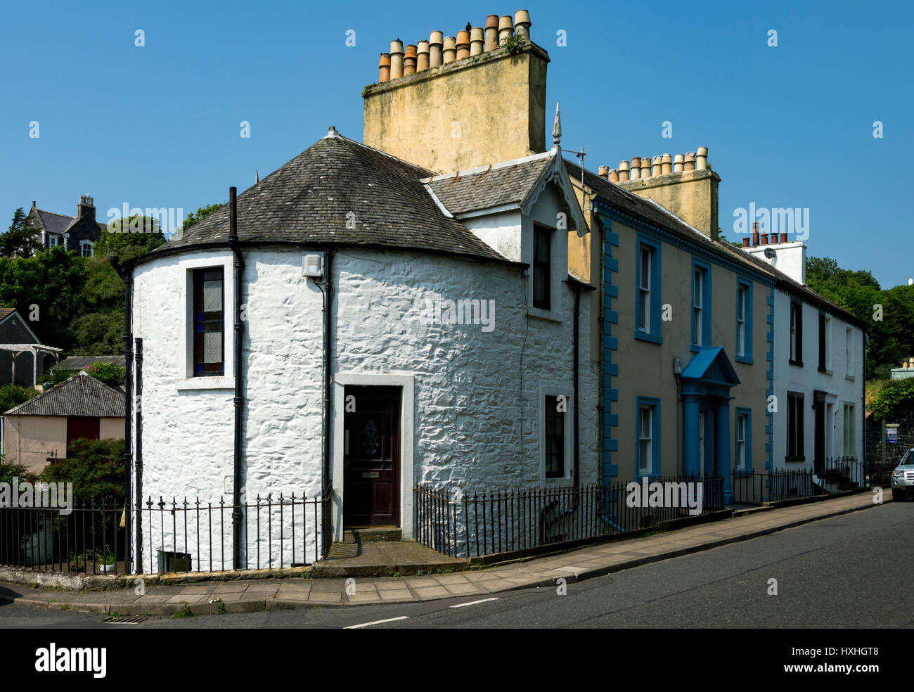 Abgerundeten Ende-Reihenhaus, Portpatrick, Dumfries and Galloway, Schottland, UK Stockfoto