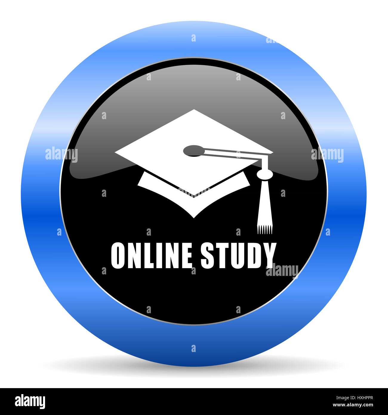 Online-Studie schwarze und blaue Webdesign Runde Symbol "Internet" mit Schatten auf weißem Hintergrund. Stockfoto