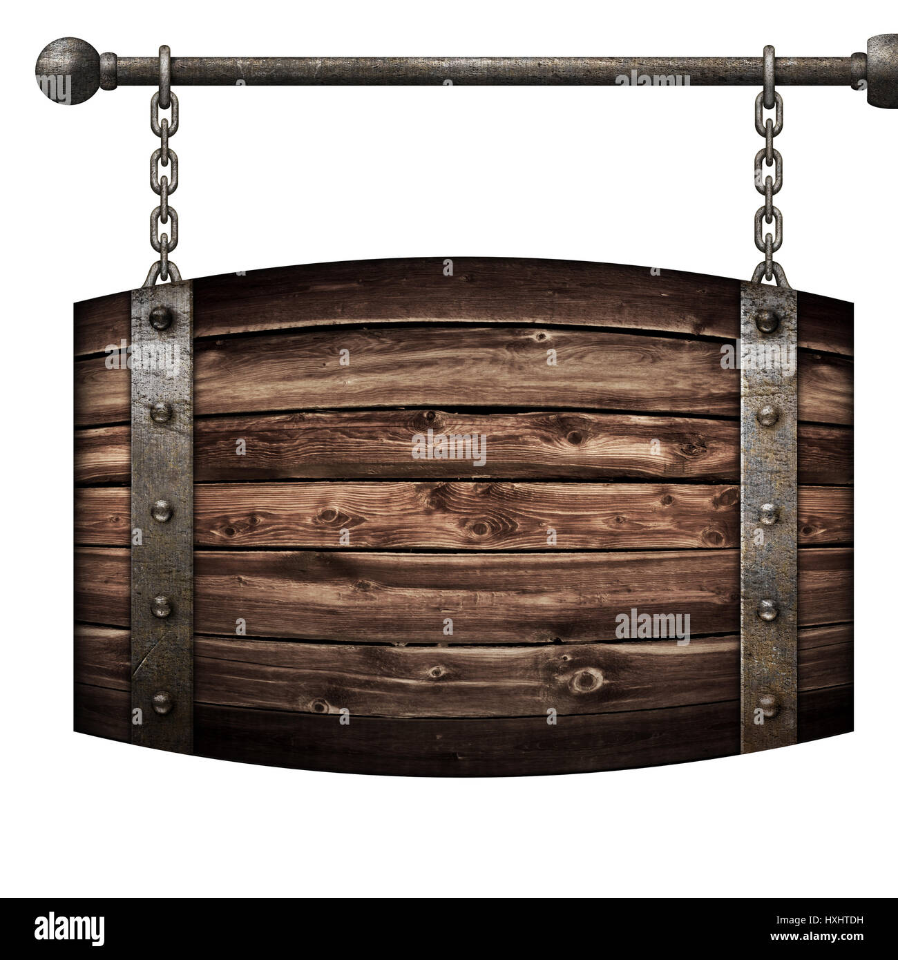 Holzfass mittelalterlichen Schild hängen an Ketten isoliert 3D-Illustration Stockfoto