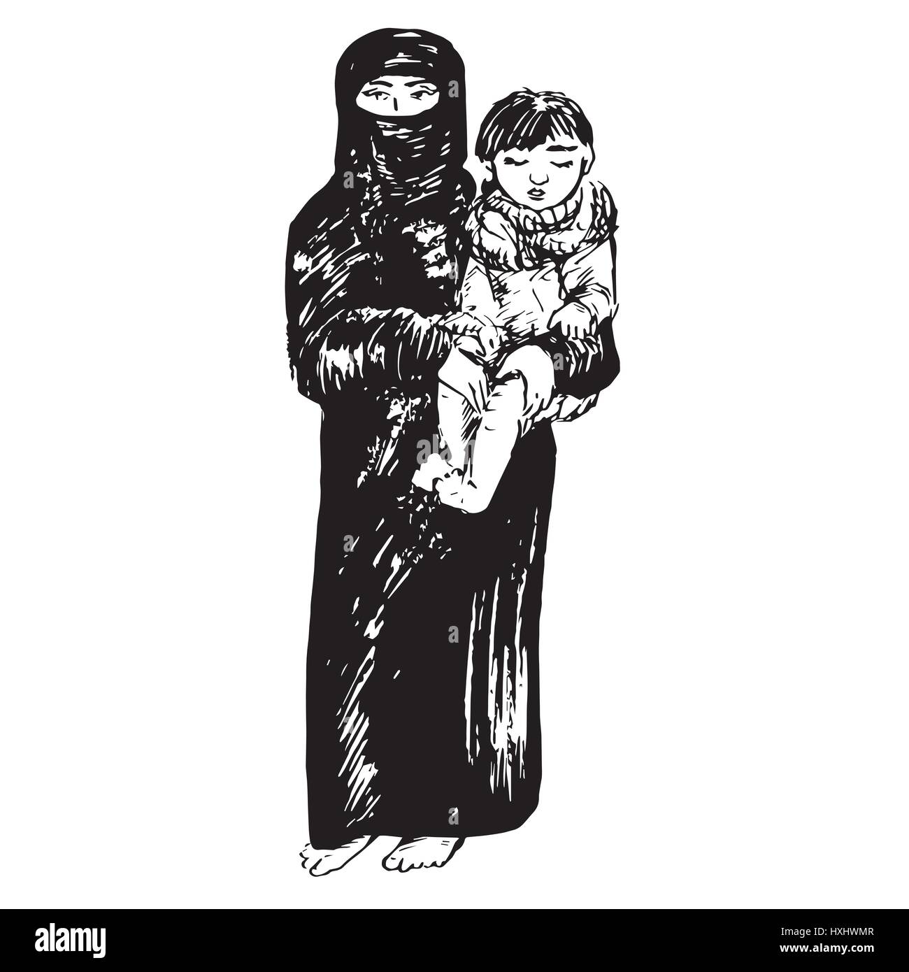 Muslimische Mutter in schwarzen Burka mit Kind in ihren Händen stehend, isoliert und schwarz handgezeichnete Vektor-Illustration in Tusche-Zeichnung Pop-Art Stil Stock Vektor