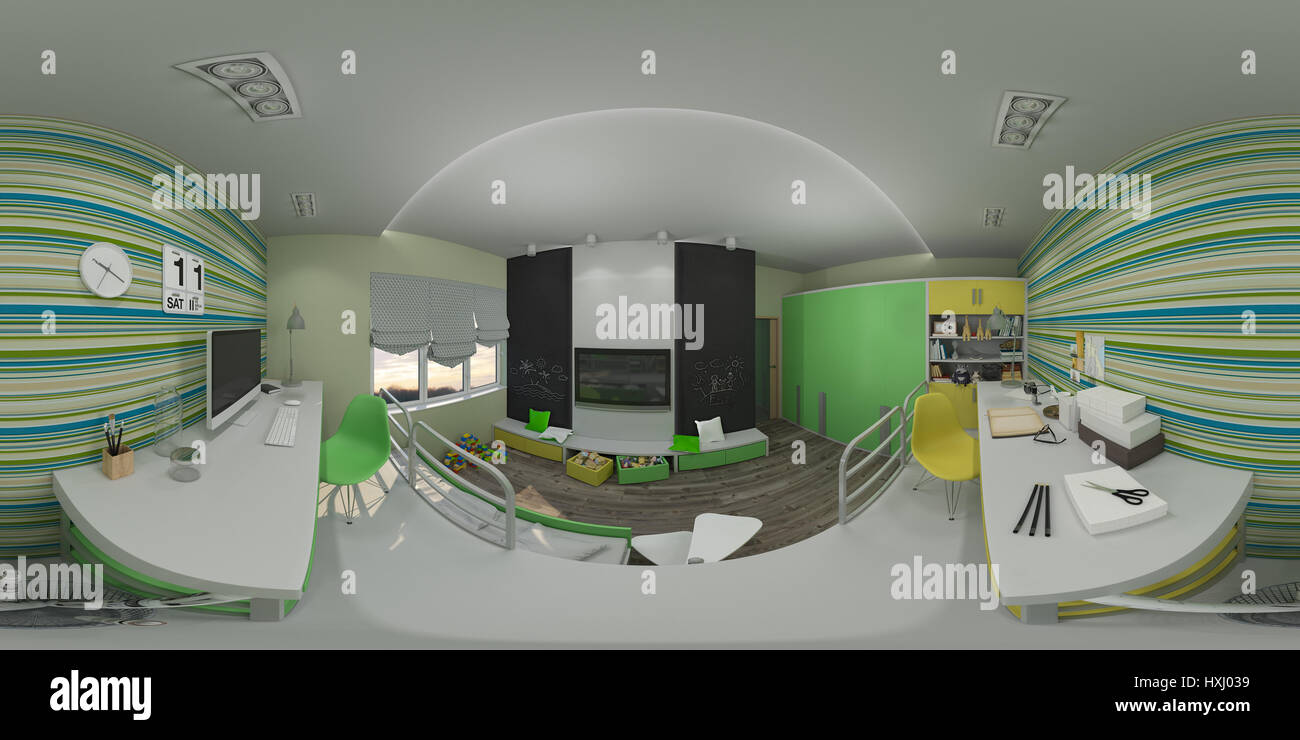 3D Darstellung der Innenarchitektur für das Kinderzimmer in grün und gelb. Render wird ausgeführt, 360-Grad-sphärische nahtlosen Panorama f Stockfoto