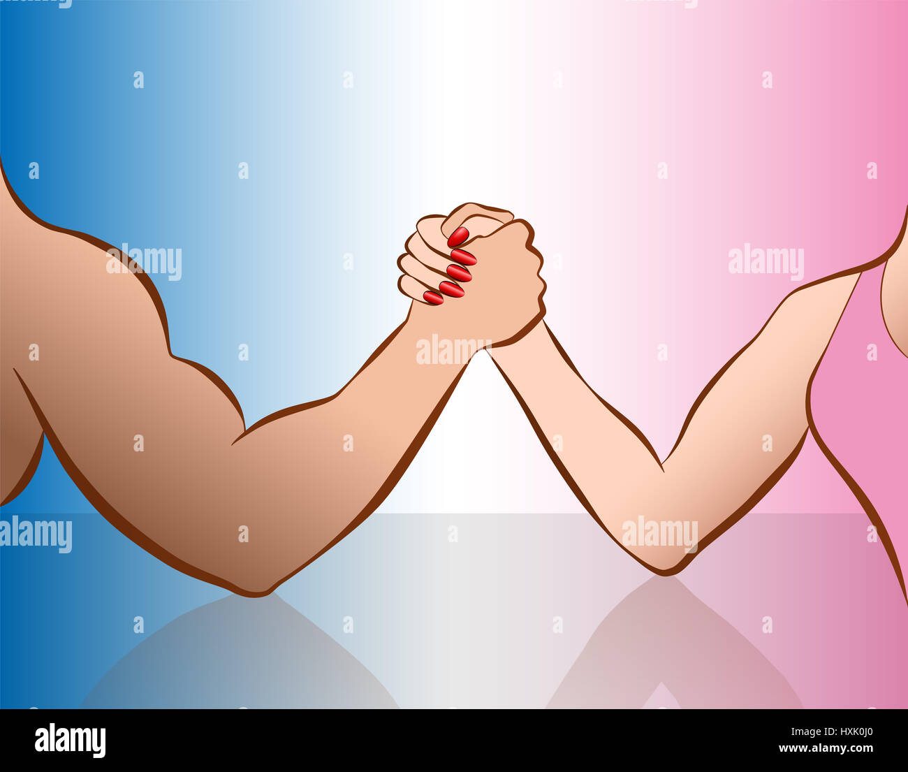Armdrücken von Frau und Mann als Symbol für Geschlecht-Showdown. Abbildung auf rosa und blauen Farbverlauf. Stockfoto