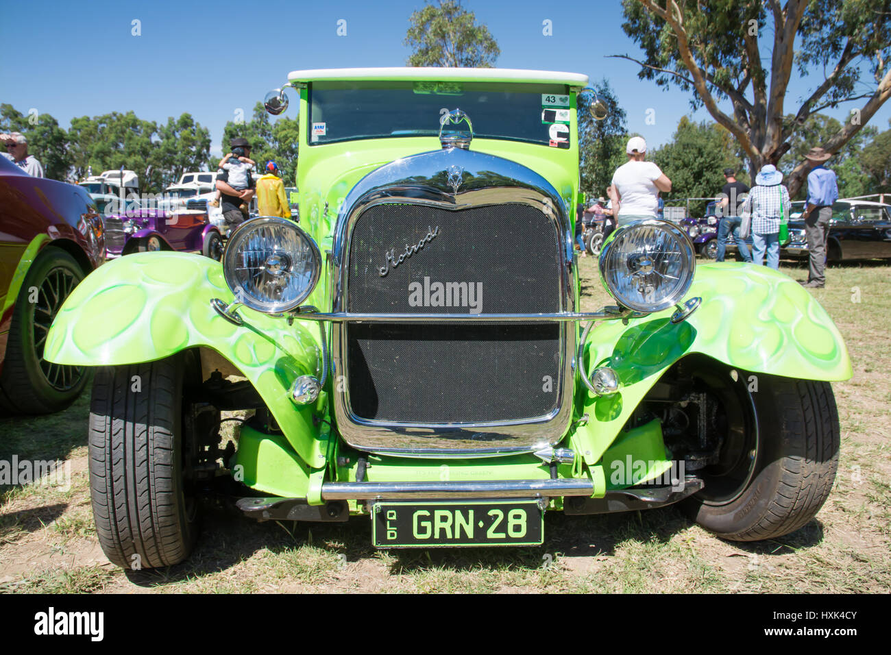 1928/29 Ford Modell A Hot Rod in Shades of Lime Green. Stockfoto