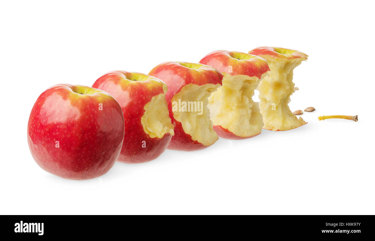 Frische ganze Apfel, leicht gebissen, getestet, wahrscheinlich um gegessen, fast gegessen, schon gegessen isolierten auf weißen Hintergrund.  Konzept des Verbrauchs Stockfoto