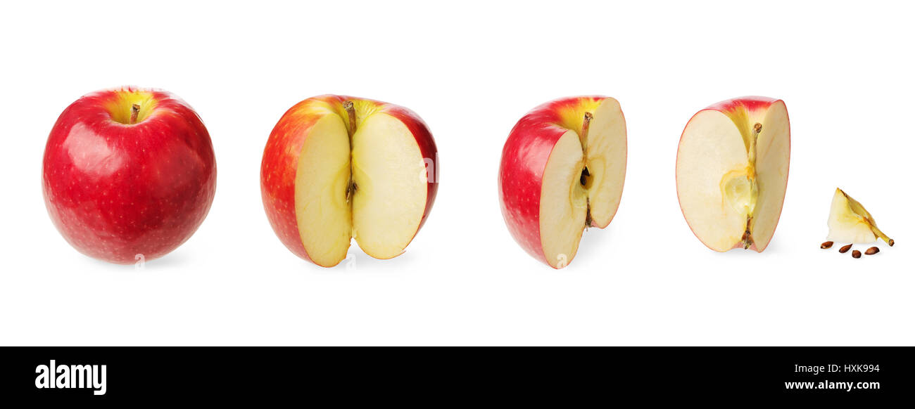 Frische ganze Apfel, geschnitten in eine halbe, drei Viertel, Viertel, bis zu Null isoliert auf weißem Hintergrund Konzept der abnehmenden, Reduzierung oder Setzungen eine Stockfoto