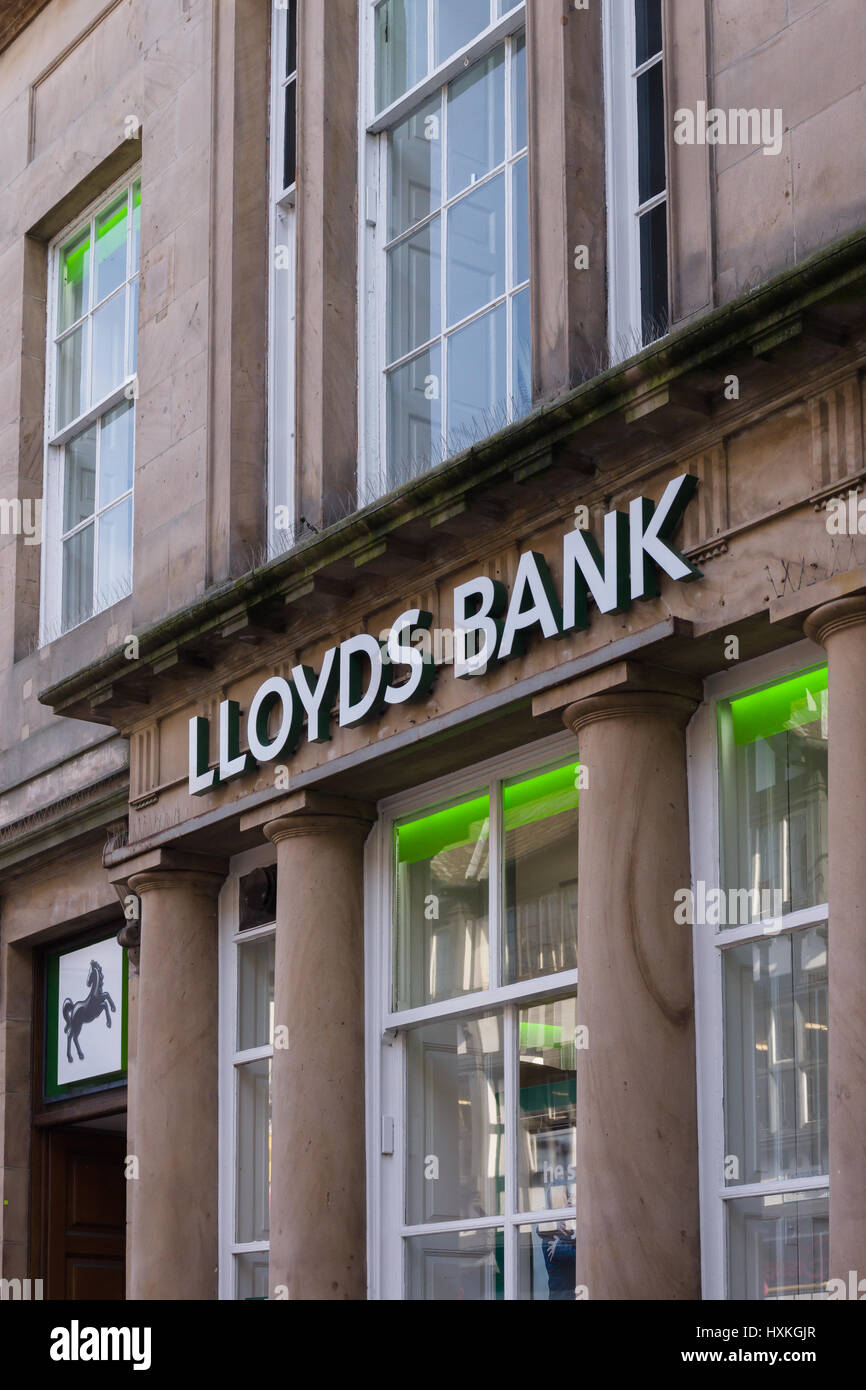 Lloyds Bank mit vertrauten tänzelnden schwarzes Pferd Logo außerhalb ein High-Street-Zweig Stockfoto